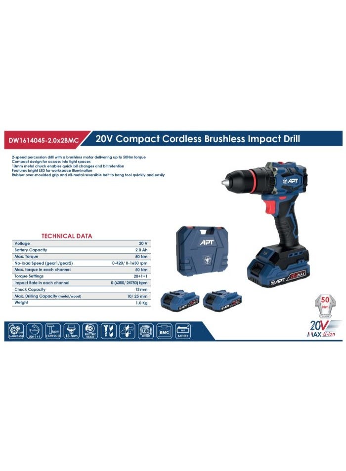 Apt Cordless Brushed Drill 20V- 2Ah 13mm 50N.m Plastic chuck Model APT DW1614045-2.0x2BMC - Image 3
